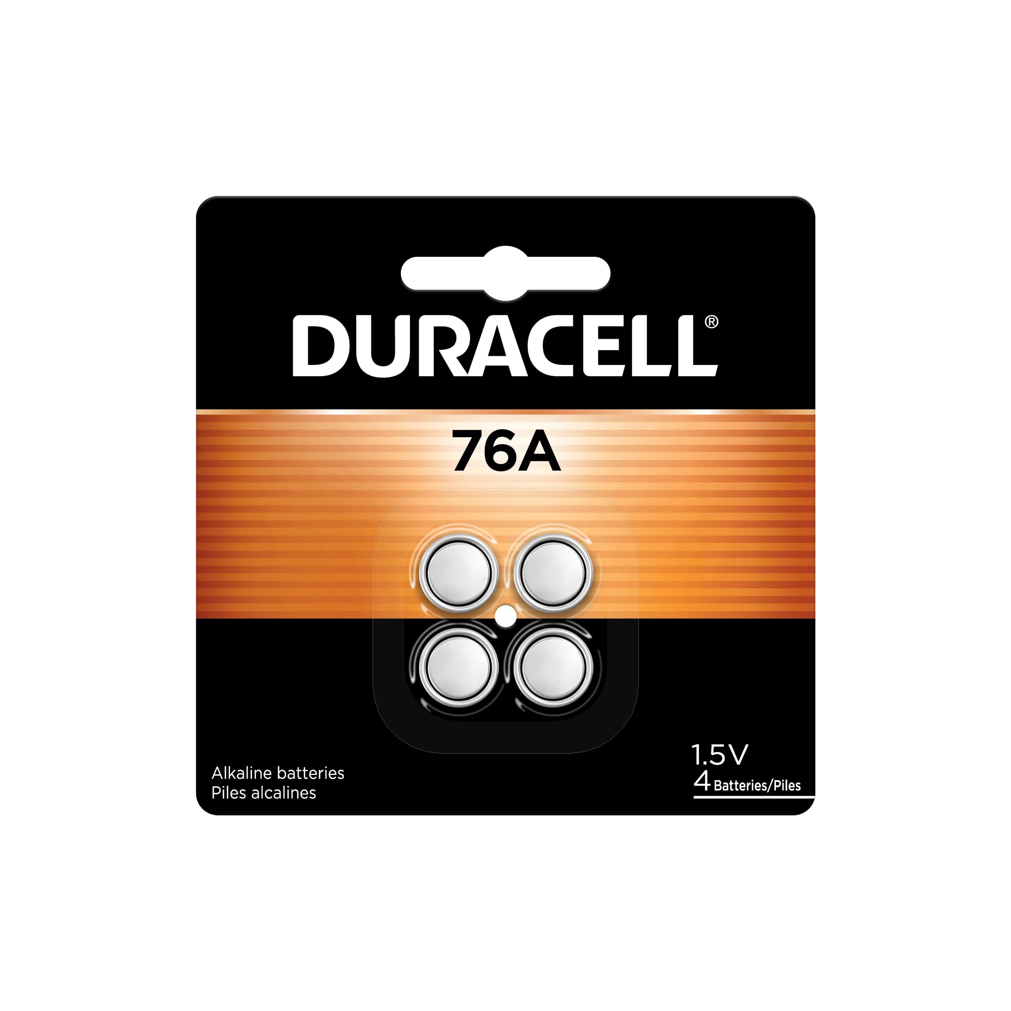 Duracell 76A 1.5V Batteries, 4 Count (Pack of 1), 76A 1.5 Volt Battery, Equivalent to LR44, A76, & AG13, Long-lasting for Watches, Alarms, Calculators & More