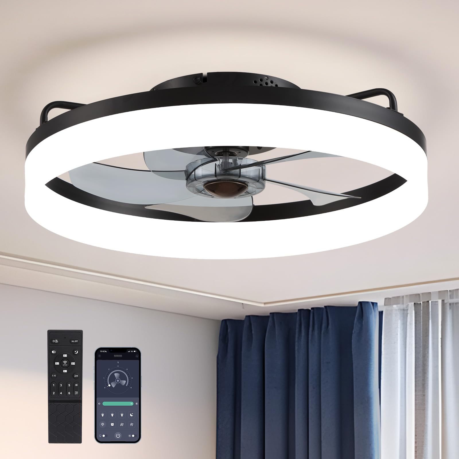 Photo 1 of (missing pieces)LUDOMIDE Ceiling Fans with Lights, Flush Mount Ceiling Fan with Lights and Remote, 6 Wind Speeds Low Profile Ceiling Fan for Bedroom