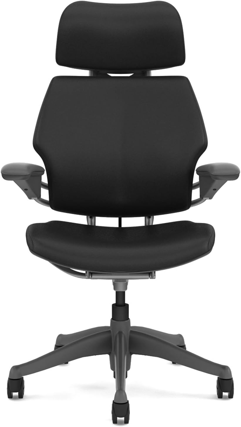 Humanscale Freedom Office Desk Chair with Headrest F213 Advanced Duron Arms Titanium Frame Bizon Black Leather F213TQ111N - Standard Casters