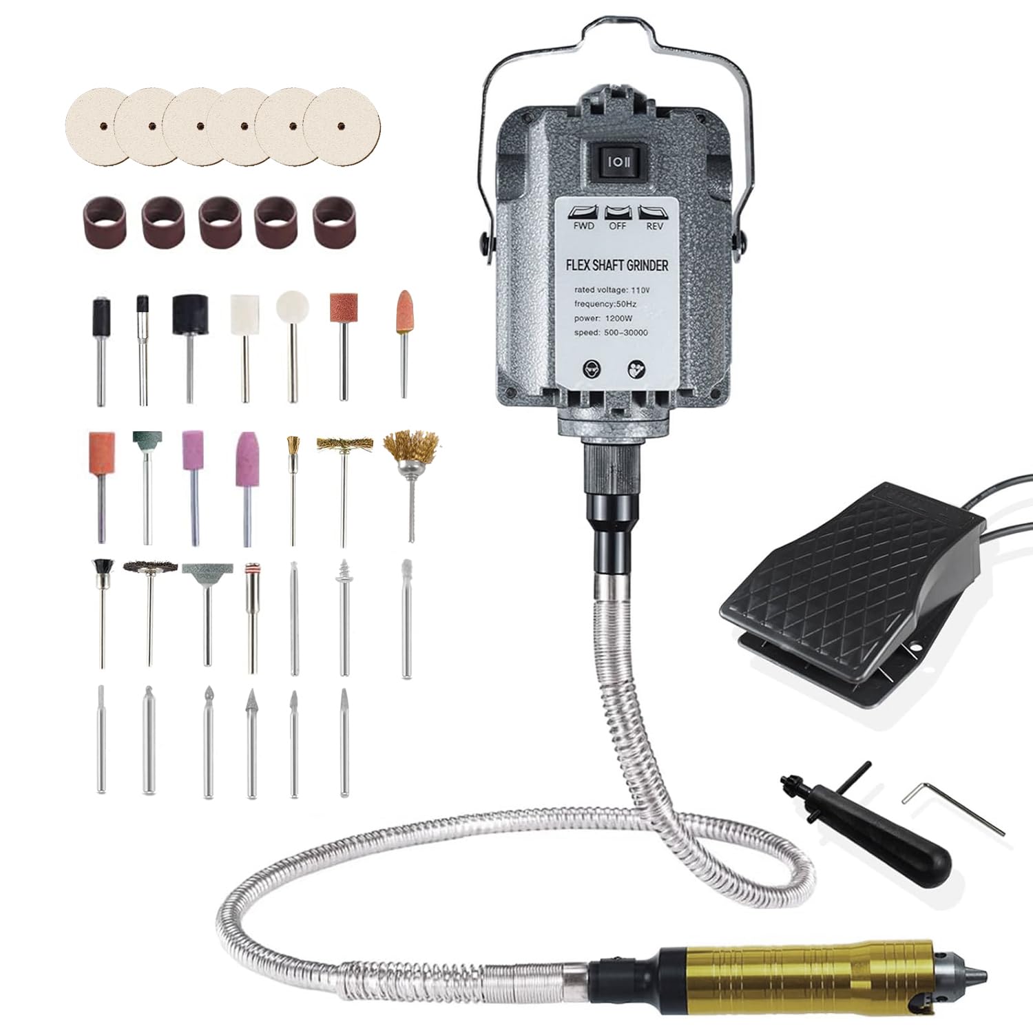 View 1 of 1200W 30000RPM Rotary Tool with Flex Shaft, Electric Flex Shaft Rotary Tool, Flex Shaft Grinder Foot Pedal Control Electric Hanging Carver, Wall Mount, Metal Flexible Shaft with Polishing Accessories