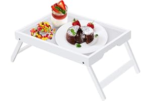 Artmeer Bed Table with Folding Legs, Bamboo Breakfast on Bed for TV Table, Laptop Tray, Food, Snack Tray (White)