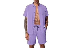LecGee Men Summer Casual Short Sets Solid Short Sleeve Pocket Button Down Shirt Elastic Shorts 2 Piece Outfits Tracksuit