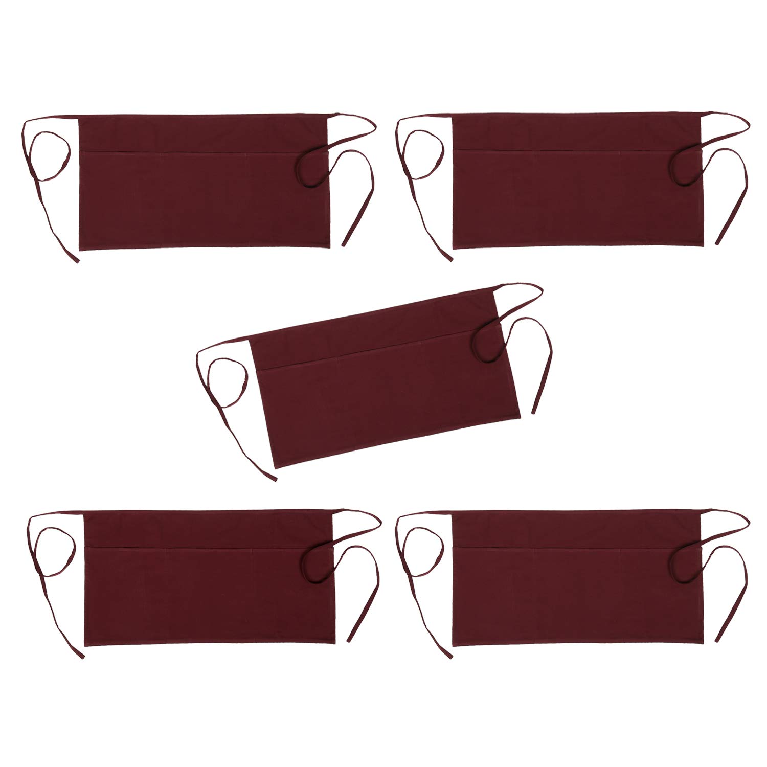 RAJRANG BRINGING RAJASTHAN TO YOU Waist Apron for Women's Pure Cotton Set of 5 Burgundy Colour Adjustable Straps Butchers Baking Maid Cooks Kitchen Short Aprons with 3 Large Pockets