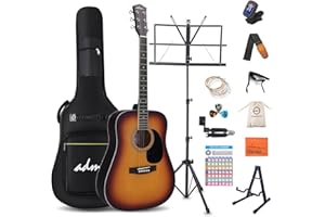 ADM Dreadnought Acoustic Guitar Kit with Free Lesson for Beginner Adult Teen Full Size Acustica Guitarra Starter Bundle Set w/Bag Strap Tuner Capo Pickguard Music Stand Right Hand(Sunburst, 41 Inch)