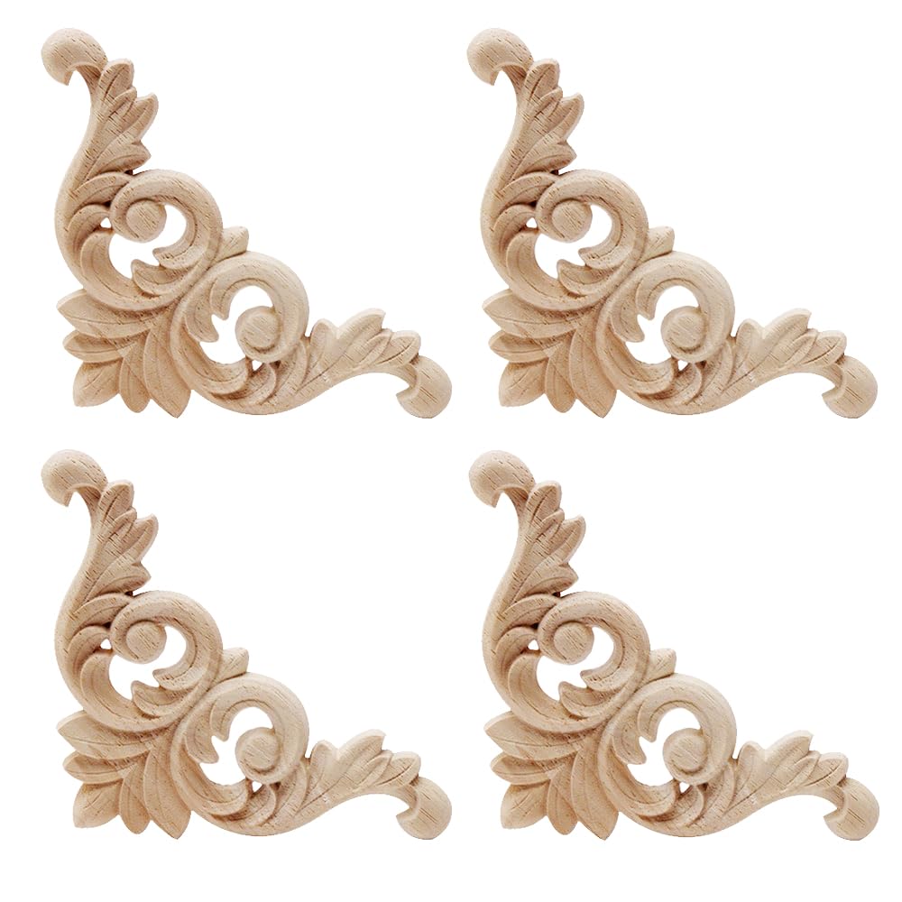 4 Pcs Wood Carving Decal Wood Carved Mouldings Corner Applique Home Door Decor Wooden Carving for Door Cabinet Windows
