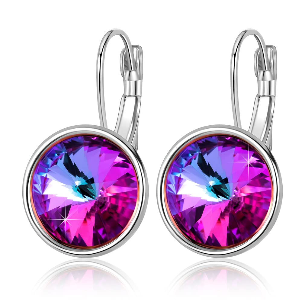 Austrian Crystals Round Drop Leverback Earrings for Women 14K Gold Plated Hypoallergenic Hoop Earrings, Metal Crystal, crystal