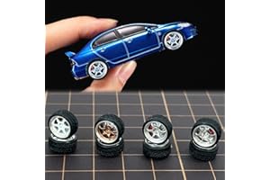 WAVEIST 1/64 Wheels for Upgraded Mainline Cast Model Car, Diameter is 0.39In, Six spokes, 4 Sets/Pack, ABS wheels with Rubber Tires Rivet Shaft Metal Rims with Brake Pads(PS-A)