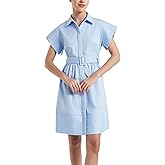 D-Sun Women Casual Button Down Shirt Dress V-Neck Short Sleeves Mini Shirt Dress Belted Short Party with Pockets