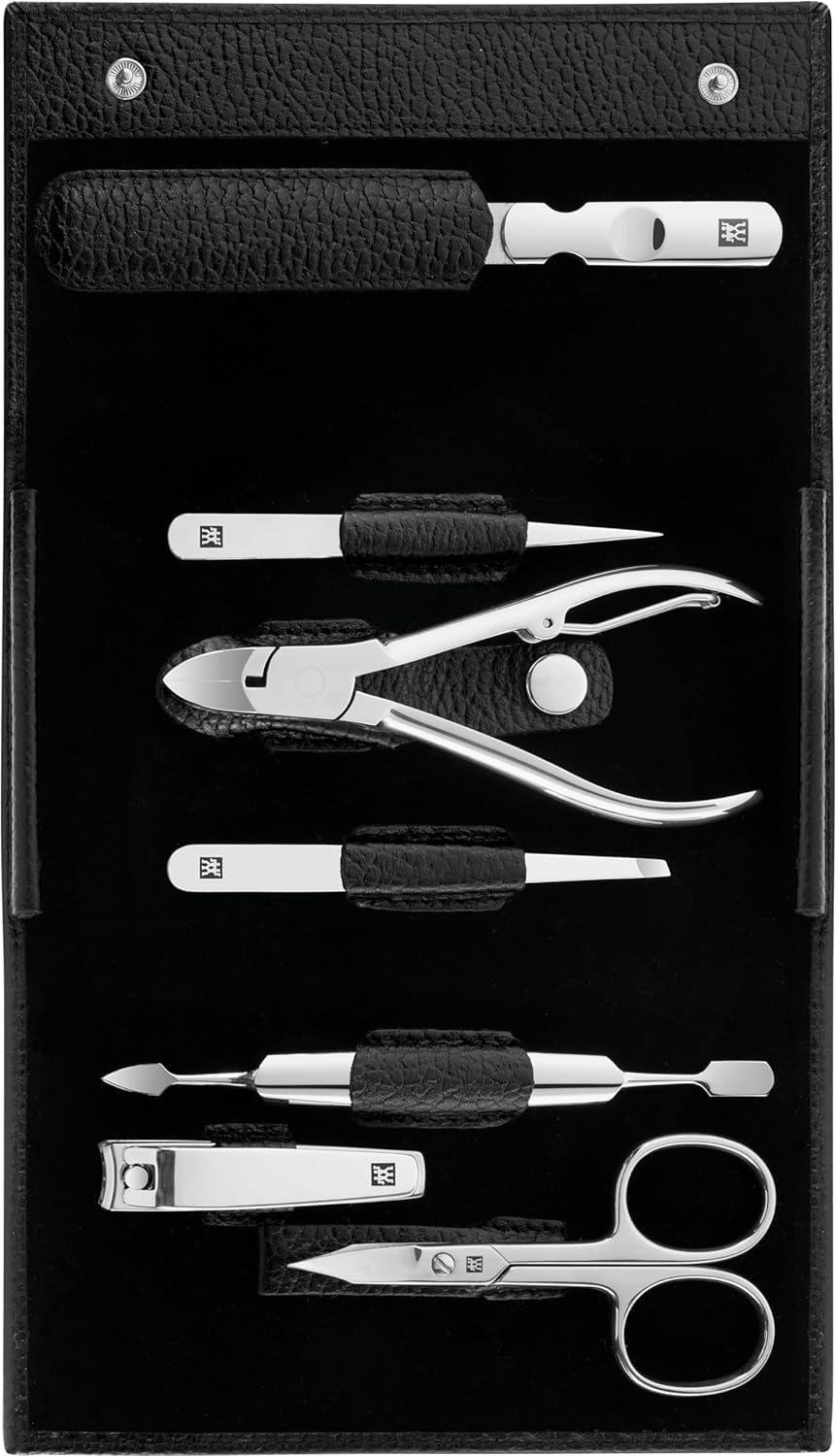 ZWILLING Manicure and Pedicure Set, Travel Case Set, Nail Care, Leather, 7 Pieces, Black