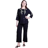 LA CERA Women's Embroidered Top, 100% Rayon, Round Neck, Button Closure, ¾ Sleeves, Machine Wash