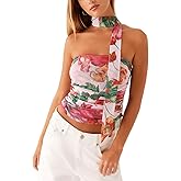 Women Y2k Tube Top Summer Mesh Floral Bandeau Crop Tops Sleeveless Strapless Ruched Going Out Tops with Scarf
