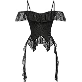 WDIRARA Women's Cold Shoulder Ruffle Lace Top Coquette Asymmetrical Tee Shirts