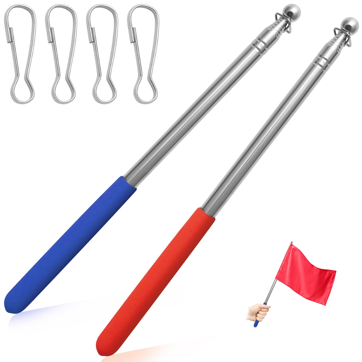 Juyibaao 2 Pcs Extendable Handheld Flag Pole (1.6m/5.25ft), Telescopic Flag Pole Stainless Steels with Flag Clips, Portable Handheld Flag Pole for Festival Camping Tour