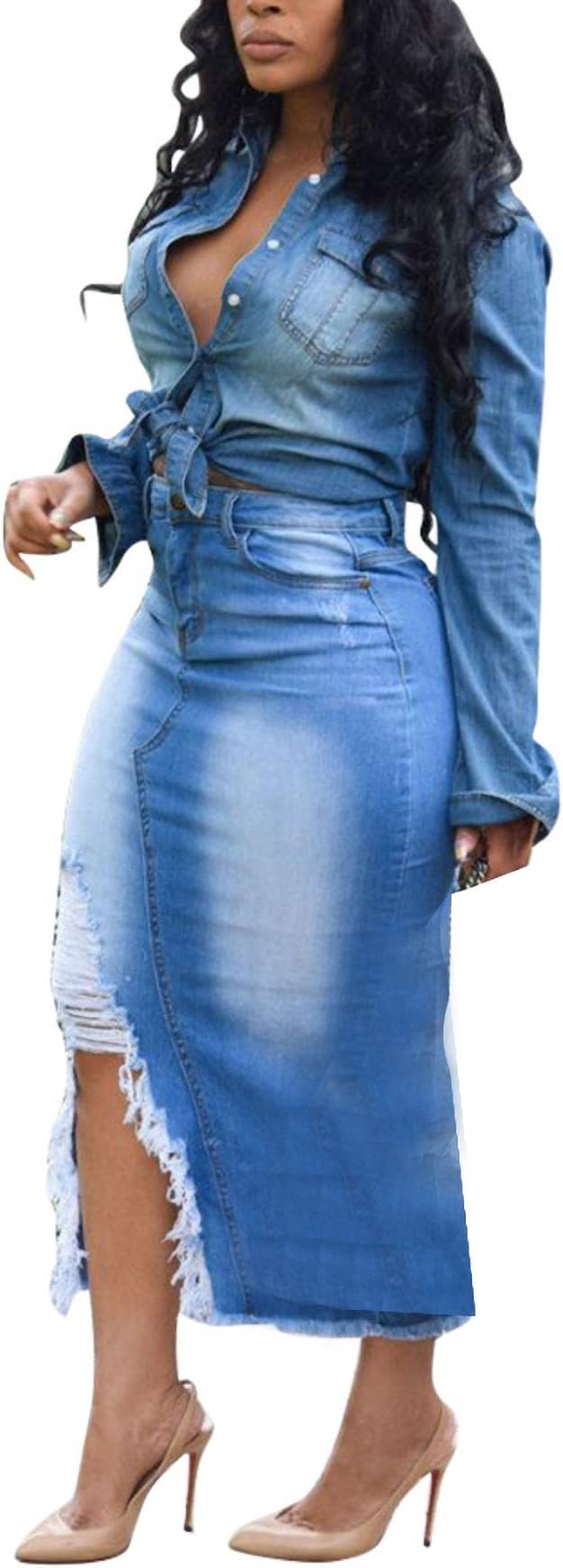 LROSEY Women Distressed Ripped Jean Midi Dress V Neck Sleeveless Buttom Down Bodycon High Waist Skirt Dresses with Belt