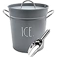 Rae Dunn Ice Bucket with Scoop - Stainless Steel Bucket with Handle, Lid and Ice Scooper - 4 Qt. Storage Bin for Ice Cubes for Bars, Parties, Backyard Barbeques, Picnics, and Camping (Grey)