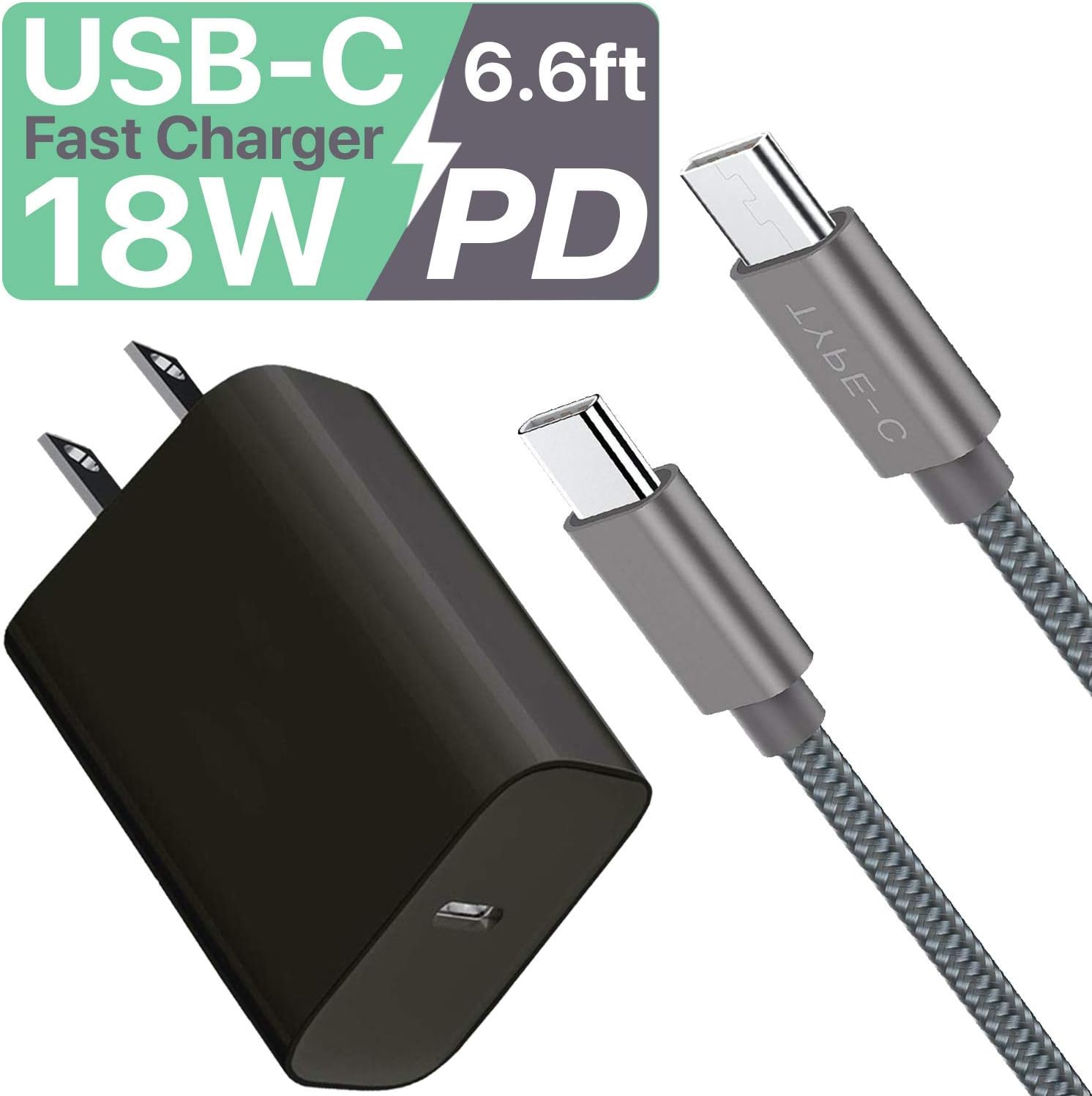 USB-C Fast Power Adapter Truwire - for Latest iPad Pro (3rd Generation 11-inch and 12.9-Inch) 18W PD Quick Wall Charger with 6.6 Feet Braided USB-C Cable for Google Pixel 4, Note 10, Galaxy S10, Black