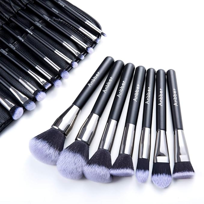 title=Pennelli Make up Anbber Set di 18 Pennelli Trucco con Custodia in Cuoio per