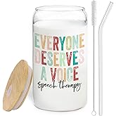 BEHIFL Speech Therapy Mental Health Gifts Glass Cup,Everyone Deserves A Voice Glass Cup With Lids And Straws 14oz, Slp Speech Pathologist Inspirational Counseling Gifts