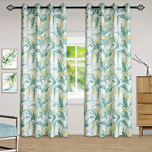 Tinfun Green Leaves Country Style Pattern Thermal Insulated Energy Efficient Blankout Curtains for Living Room,Grommet Window Treatment Drapes(2 Panels),W52รL84 Inch