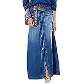 Flamingals Denim Maxi Skirt for Women High Waist Vintage Button Front Flap Pocket A-Line Long Jean Skirt Fall Fashion
