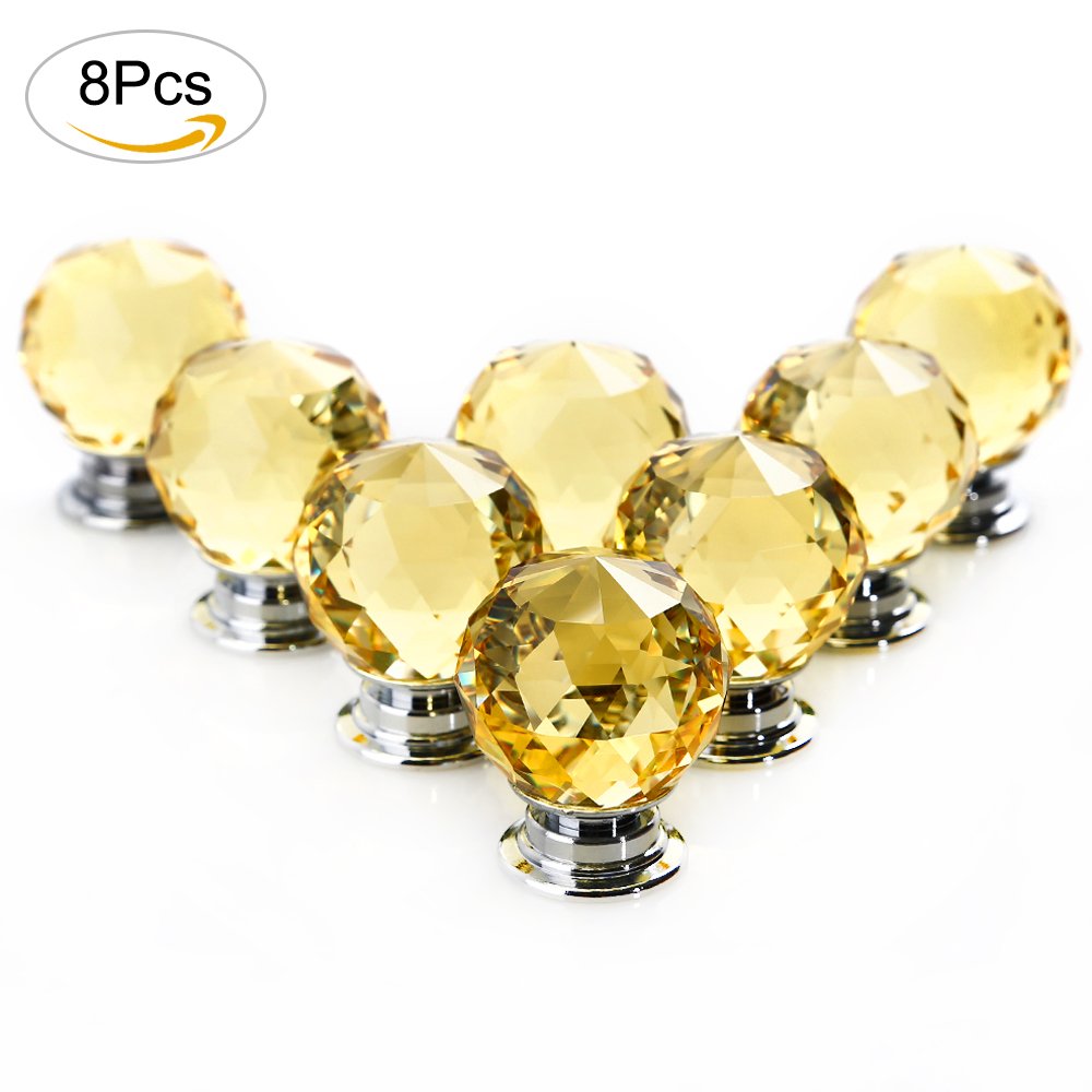 Crystal Door Knobs, 8 X 30MM Crystal Glass Diamond Cut Door Knobs Kitchen Cabinet Drawer Knobs with Screw for Home Decorating, Yellow