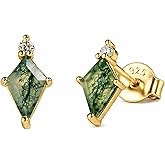 MoiuVieg Moss Agate Earrings 14k Gold Plated 925 Sterling Silver Kite Shaped Hypoallergenic Stud Earrings Jewelry For Women