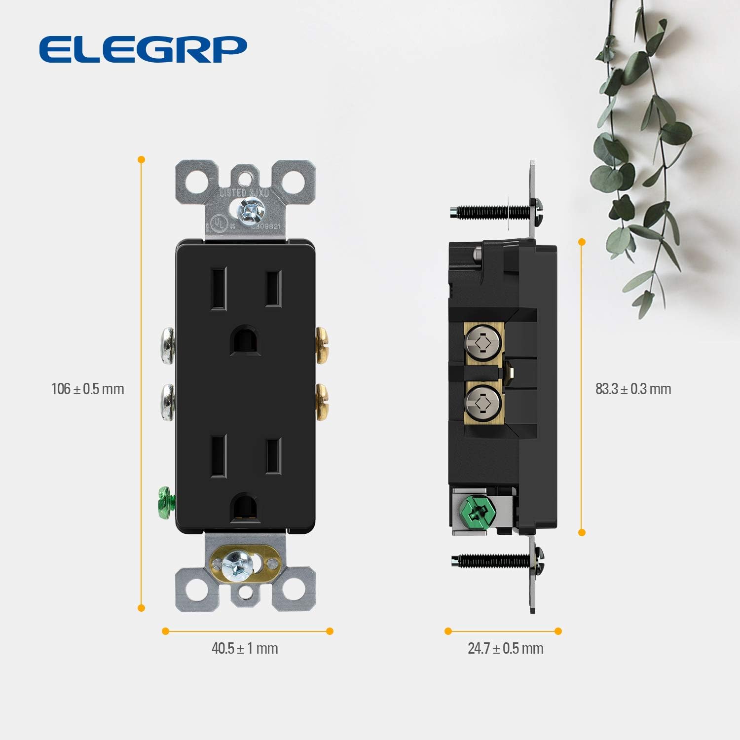 ELEGRP Decorator Receptacle, 15A 125V Standard Electrical Wall Outlet, 2 Pole 3 Wire, NEMA 5-15R, Self-Grounding Residential Grade Straight Blade Decorative Duplex Outlet, UL (Glossy Black, 10 Pack) - - 