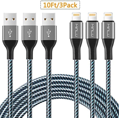 Minlu lightning wire, 3Pack 10FT Extra Long Braided lightning to USB Data Cable Fast Sync Cord Compatible with iPhone7 7Plus 6s 6sPlus 6 5s 5c, iPad Air, iPod touch.