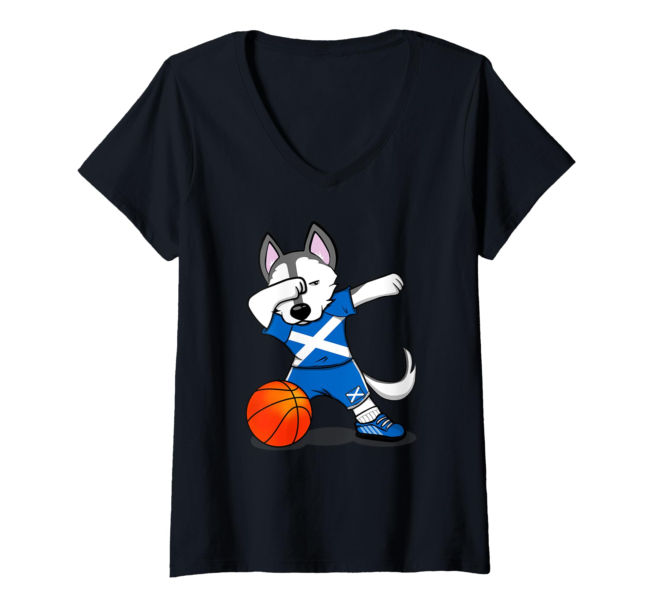 Women's Dabbing Husky Scotland Basketball Fans Jersey Scottish Flag V-Neck T-Shirt