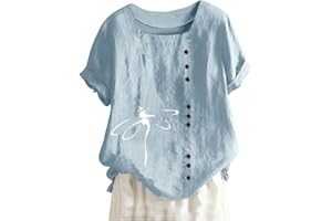 KICILVS Women's Summer Tops Casual Cotton Linen T Shirts Short Sleeve Round Neck Shirt Oversized Floral Graphic Tees