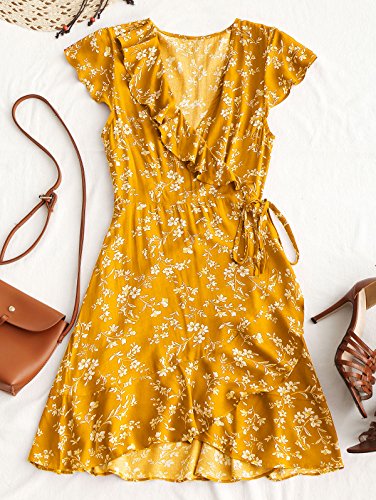 Zaful Womens Mini Dresses Summer Beach Dress Floral Ruffles V