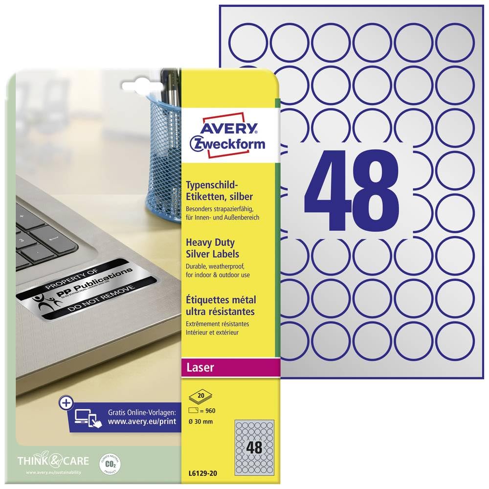 AVERY Zweckform L6129-20 Name Plate Foil Labels (960 Stickers, Diameter 80 mm on A4, Strong Self-Adhesive, Heavy Duty, Weatherproof, Printable Adhesive Film, Blank), 20 Sheets, Silver