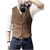 Ceehuteey Mens Suit Vest Waistcoat Tweed Retro V Neck Wool Herringbone for Prom