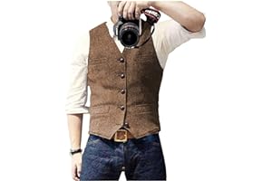 Ceehuteey Mens Suit Vest Waistcoat Tweed Retro V Neck Wool Herringbone for Prom