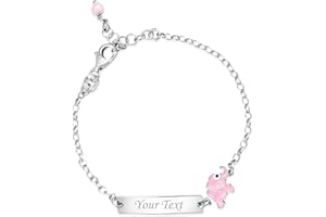 UNICORNJ Sterling Silver 925 Engravable ID Bracelet Rolo Chain for Girls Heart with Pink Enamel 6.5"