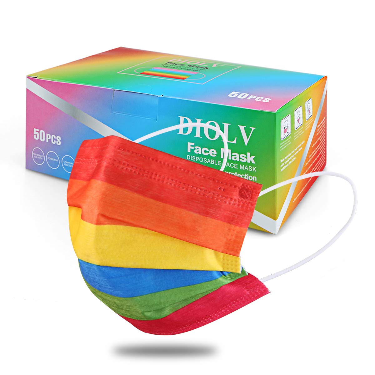 DIOLV 50Pcs Rainbow Printed Disposable Face Masks for Adults 3ply Face