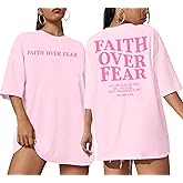 BANGELY Faith Over Fear Shirt Women Graphic Shirts Oversized Workout Gym Christian Religious Tees Drop Shoulder Tee Tops