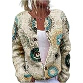 HOTYD Womens Boho Floral Button up Cardigan Casual Long Sleeve Chunky Knit Sweater Loose Fall Fashion Crewneck Sweater Warm