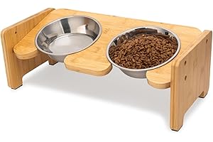 Toozey Elevated Cat Bowl, 15 Tilted Adjustable Raised Stand with Non-Slip Feet and 16oz Double Dish for Water and Food, Widen Stainless Steel Bowls(Non-Whisker Fatigue) for Cats and Puppy