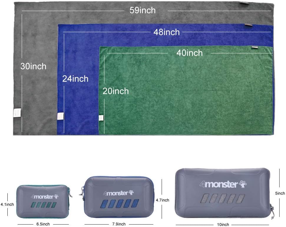 4Monster Microfiber Travel Towels Super Absorbent, Fast Drying Water Sport Camping Towel, Ultra Soft Compact Gym Towel for Beach Hiking Yoga Travel Sports Backpack and Boat : Home & Kitchen