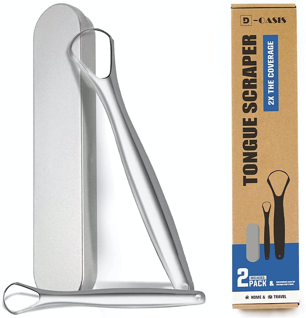 D-Oasis Tongue Scraper Stainless Steel Wide & Small 2 Pack With Travel Case - Cure Bad Breath - Naturally Anti-Microbial Medical Grade Tongue Cleaner - Easy To Use & Clean Tongue Scraper UK