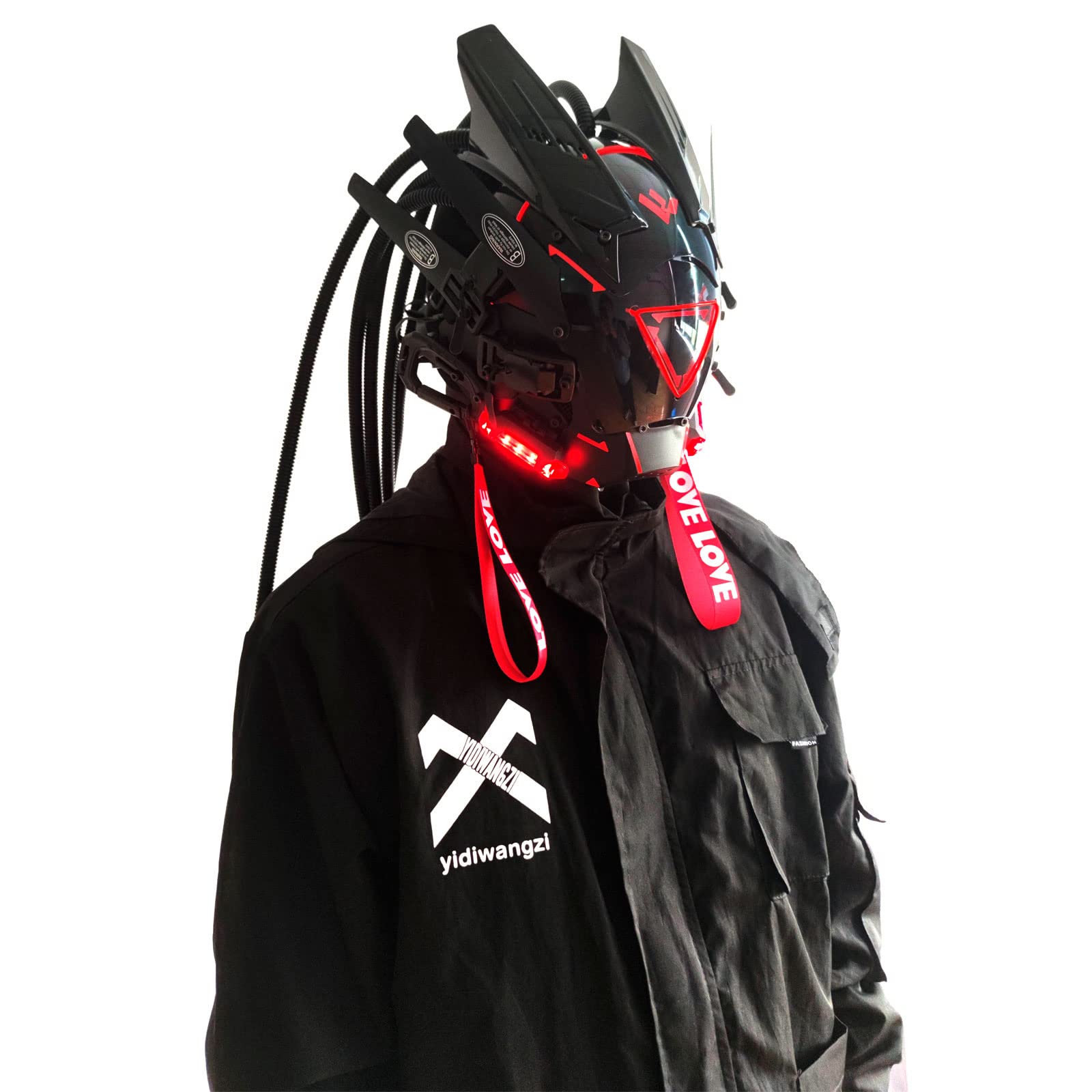 JAUPTO PipeHair Punk Mask Helmet,LED Light Futuristic Techwear Mask,Sci-Fi Full-Face Punk Helmet Costume Accessory