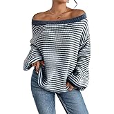Women's Oversized Striped Sweater Casual Off The Shoulder Sweater Fall Long Sleeve Loose Knit Pullover Jumper Tops