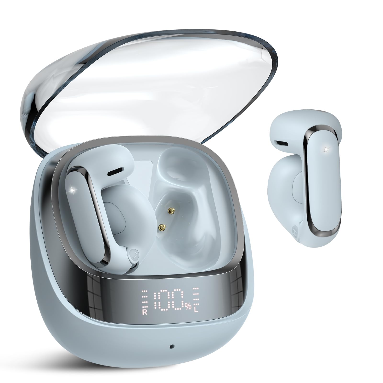 Photo 1 of Wireless Earbuds, Clip On Ear Headphones, Bluetooth 5.4 HiFi Stereo Earbuds, 42H, LED Display Ear Buds, Comfortable Lightweight, IP7 Waterproof Open Ear Earphones, Earbud for Workouts Running, Blue