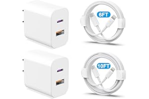 YYDBS Phone Charger 2 Pack 20W Dual Port QC + PD 3.0 Power Adapter Fast Wall Charger Block with 6FT&10FT Super Fast Charger Cable for iPhone 14 13 12 11 Pro Max XR XS X,iPad More
