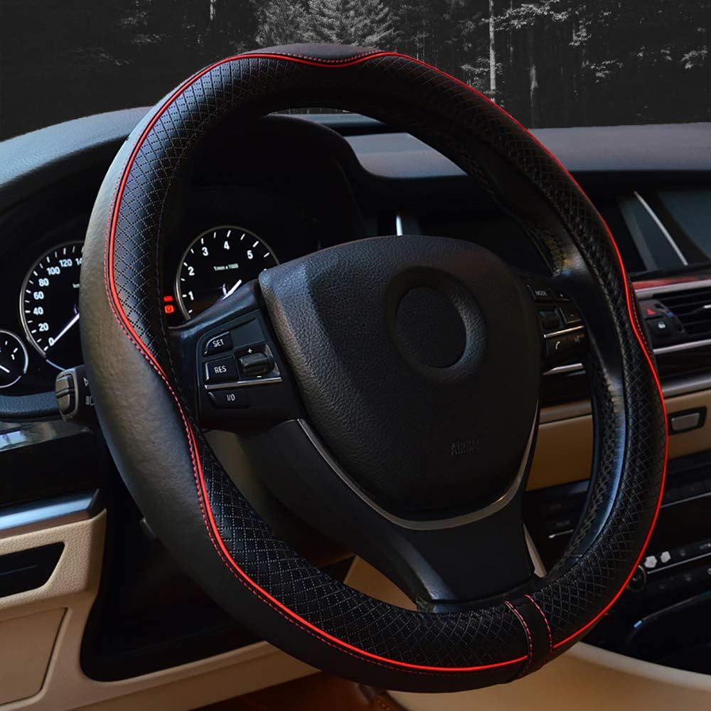 Valleycomfy 15.75 inch Auto Car Steering Wheel Covers Black with Red Lines- Genuine Leather for F-150 Tundra Range Rover.: Automotive