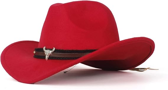 Amazon ファッションレディースウールフェルトウエスタンカウボーイハットジャズ用騎乗位ブルヘッドレザー ファッション帽子 色 赤 サイズ 56 59cm ハット 通販