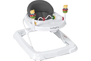 BABY JOY Baby Walker, Foldable Activity Walker with Adjustable Height, Large Tray & Removable Toys, Baby Walker with Wheels for Boys Girls 6-18 Months (Gray)