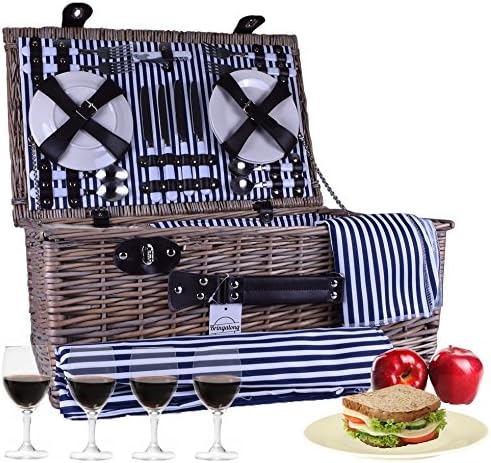 Bringalong Wicker Picnic Basket - 4 Setting w/Blanket, Plates & Wine Glasses - Classic Tan