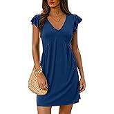 Dokotoo Women's Summer Dresses Beach 2026 Casual Deep V Neck Loose Sundress Ruffle Sleeve Mini Dress